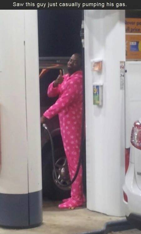 Man in pajamas - Saw this guy just casually pumping his gas !